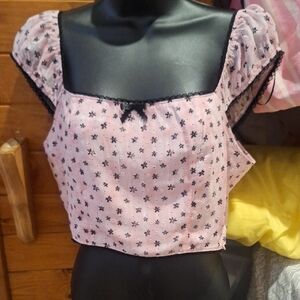 Forever 21 Pink Puff Sleeve Ruffled Crop Blouse